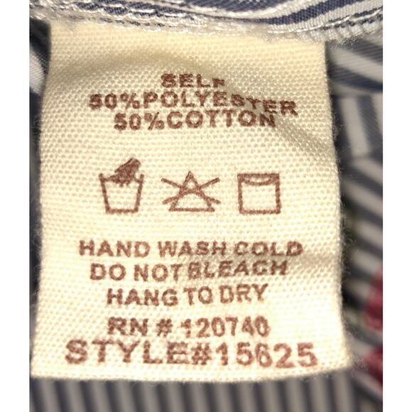 Mystree Top Shirt Womens Small Blue White Pinstripe Embroidered Flowers Nautical - Picture 10 of 14